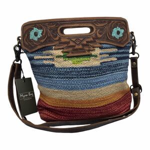 Brand New Myra Azure Petals Woven Crossbody Bag with Handtooled Leather